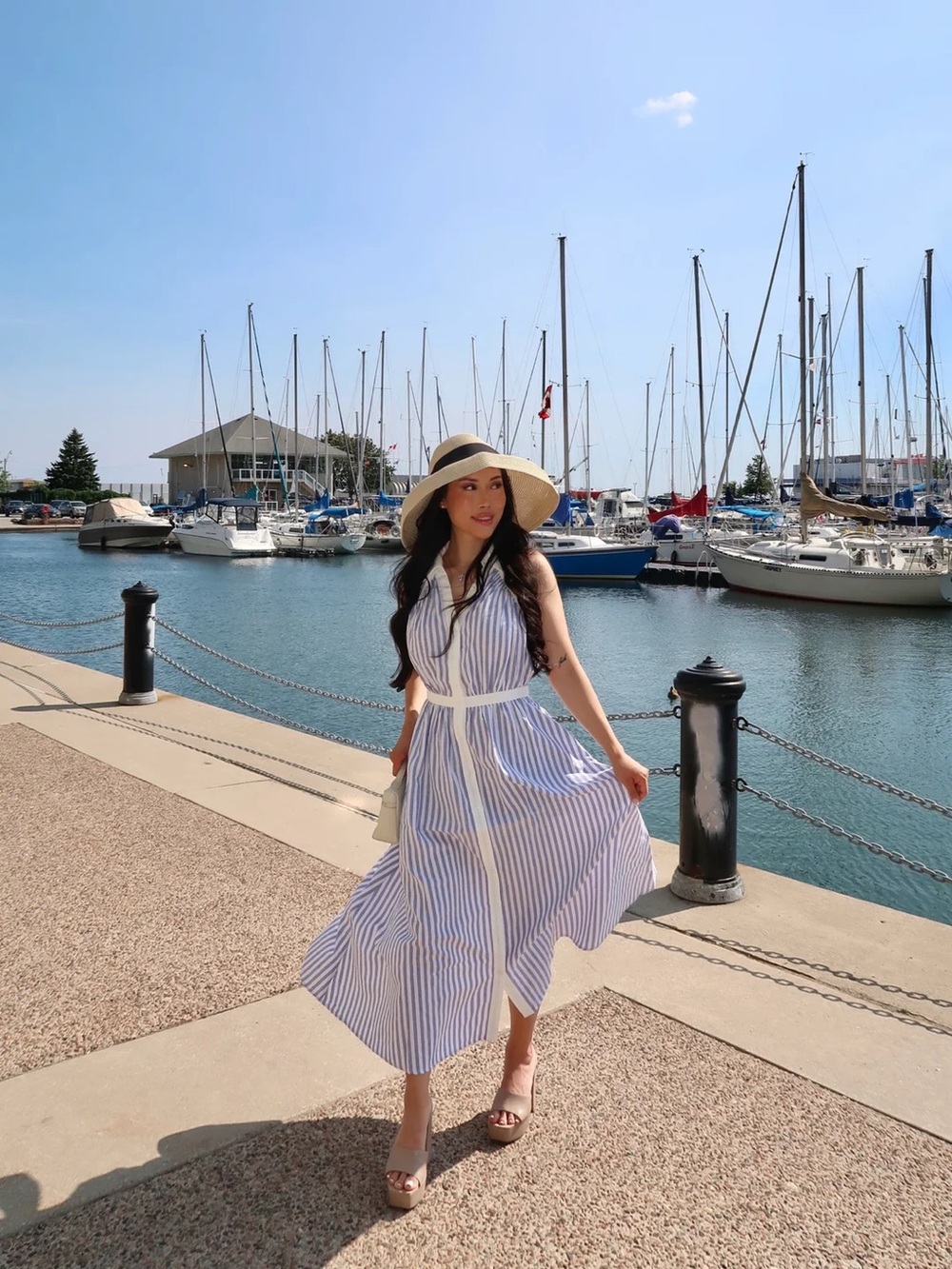 Striped Cotton Blend Collared Halter Midi Dress - Picture 2 of 6